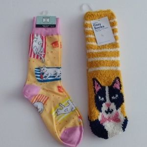 Two Pairs of Cat Socks Cozy and Buttons & Bones